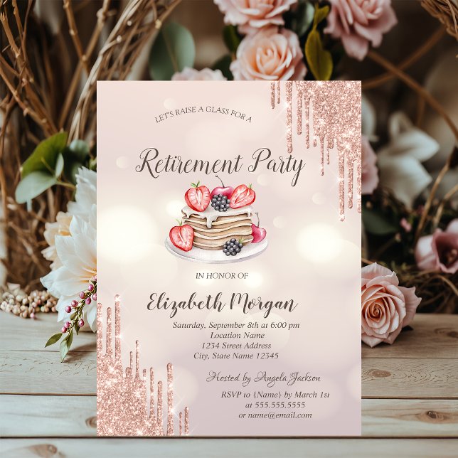  Pancakes Rose Gold Drips Bokeh Retirement   Invitation (Creator Uploaded)