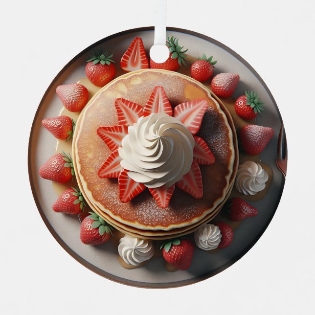 Pancakes Whipped Cream and Strawberries Christmas Metal Ornament (Front)