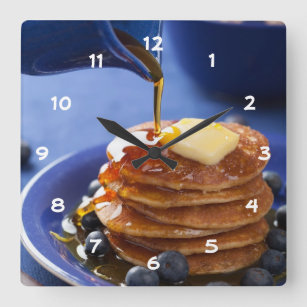 Pancakes with syrup and blueberry square wall clock