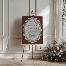 Pancarte de bienvenue de mariage en dentelle marro
