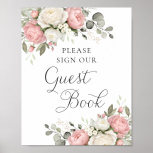 Pancarte de livre d'or de mariage à la verdure ros