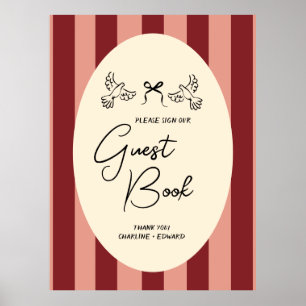 Pancarte de livre d'or de mariage rayé rouge vinta