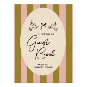Pancarte de livre d'or de mariage rayée rose et ve