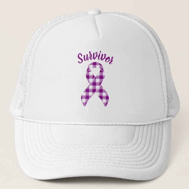 Pancreatic Cancer Awareness Plaid Purple Ribbon Trucker Hat (Front)