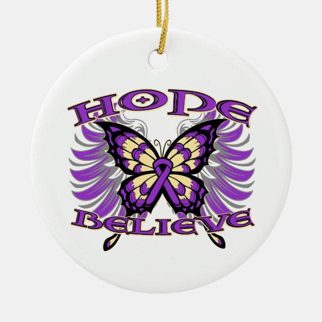 Pancreatic Cancer Hope Believe Butterfly Ceramic Ornament (Front)