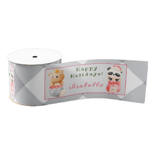Panda and Bear Customize Text and Name Grosgrain Ribbon