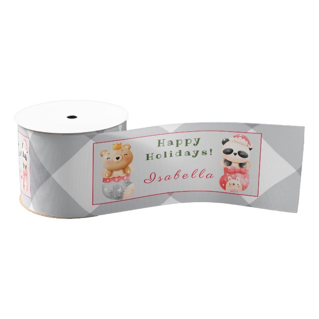 Panda and Bear Customize Text and Name Grosgrain Ribbon (Spool)