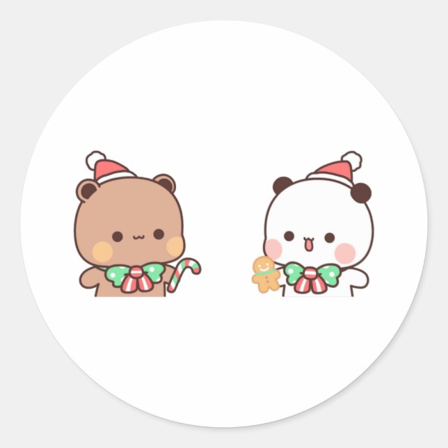 Panda And Brownie Bear Couple, Merry Christmas Classic Round Sticker (Front)