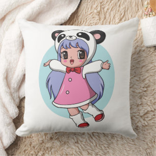 Panda Angel: Adorable Anime Girl Soaring High Throw Pillow