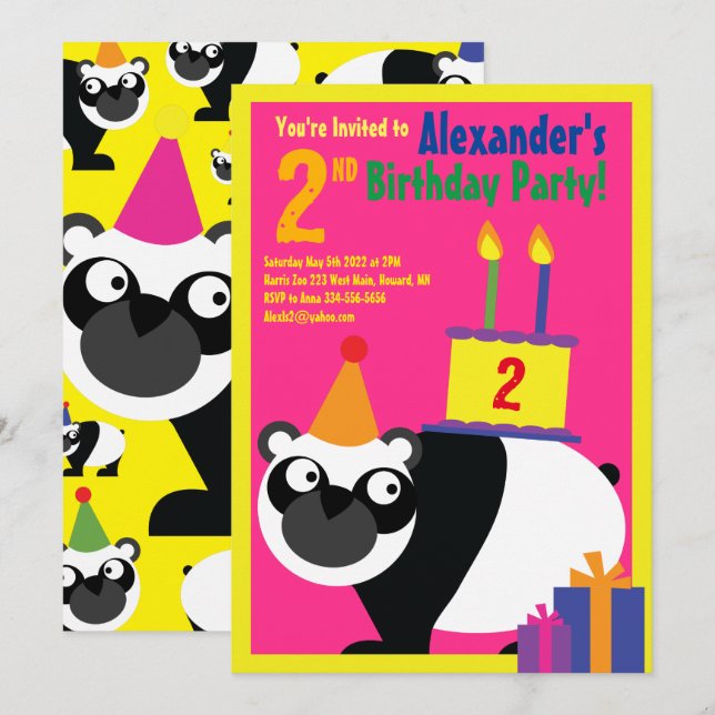 Panda Animal Kid's Birthday Party Invitations (Front/Back)