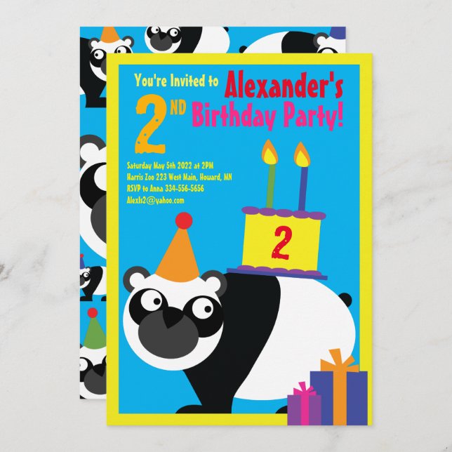 Panda Animal Kid's Birthday Party Invitations (Front/Back)