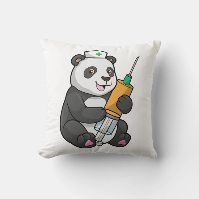 Panda as Nurse with Syringe Throw Pillow (Front)