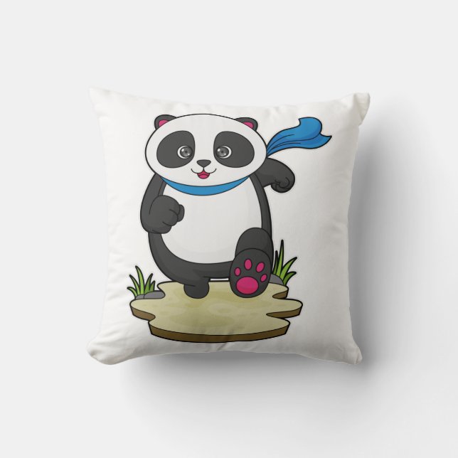 Panda as Runner with Scarf Throw Pillow (Front)