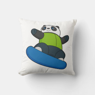 Panda as Snowboarder with Snowboard Throw Pillow