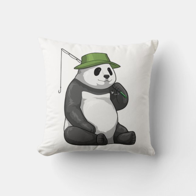 Panda at Fishing with Fishing rod Throw Pillow (Front)