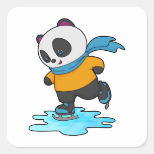 Panda at Ice skating with Ice skates & Scarf Square Sticker