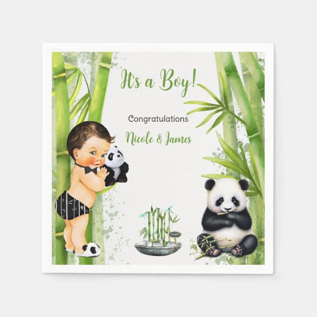 Panda Bamboo Theme Baby Boy Black White Green Napkin (Front)