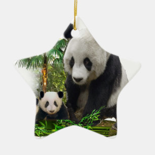 Panda bear and cubs art ceramic ornament