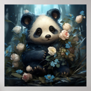 Panda Bear and Flowers Poster