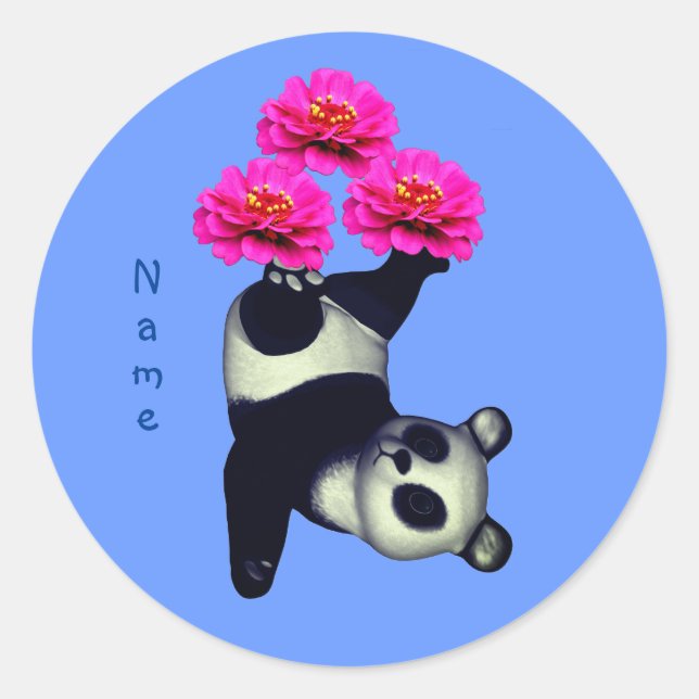 Panda Bear And Pink Zinnia Flower Personalized Classic Round Sticker (Front)
