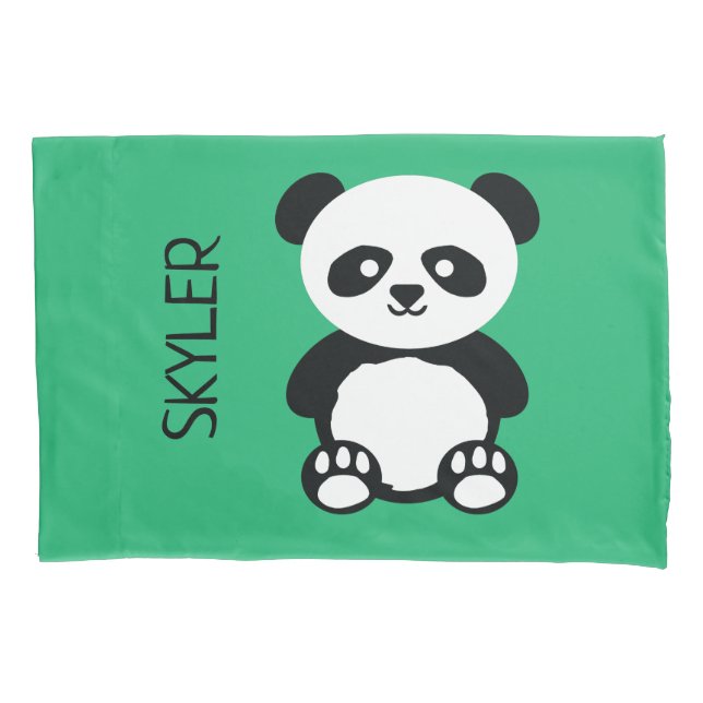 Panda Bear Animal Kawaii Kids Personalized Green Pillowcase (Front)