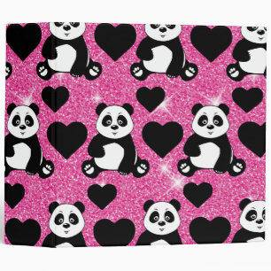 Panda Bear Animal Lover Black Hearts Pink Glitter Binder