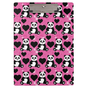 Panda Bear Animal Lover Black Hearts Pink Glitter Clipboard