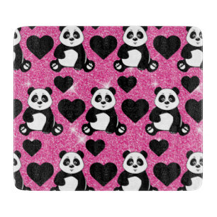 Panda Bear Animal Lover Black Hearts Pink Glitter Cutting Board