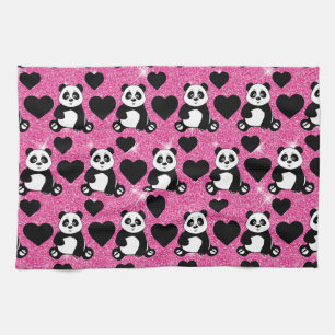 Panda Bear Animal Lover Black Hearts Pink Glitter Kitchen Towel