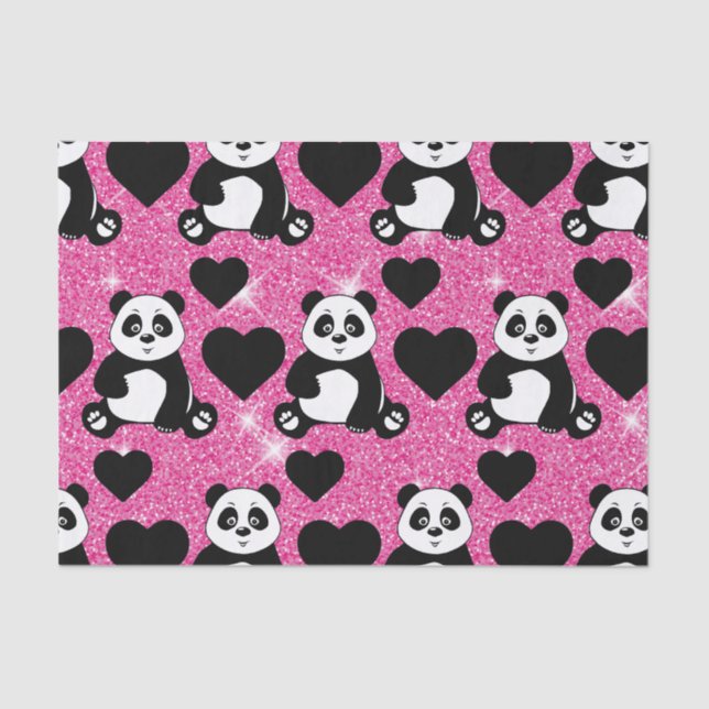 Panda Bear Animal Lover Black Hearts Pink Glitter Tissue Paper (Front)