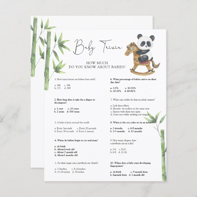 Panda Bear Baby Trivia | Baby Shower Game (Front/Back)