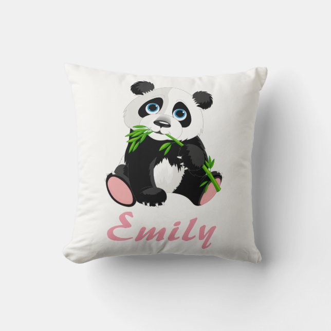 Panda Bear Black and White Green Bamboo Name Throw Pillow (Front)
