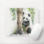 Panda Bear By Tree Mouse Pad<br><div class="desc">Cute panda bear by a tree with bamboo leaves in watercolor artwork.</div>