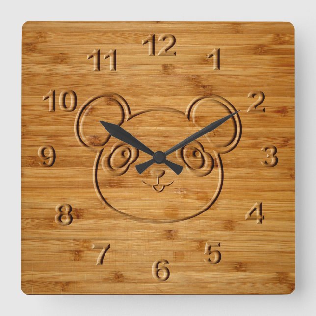 Panda Bear Carved Bamboo Print Square Wall Clock (Front)