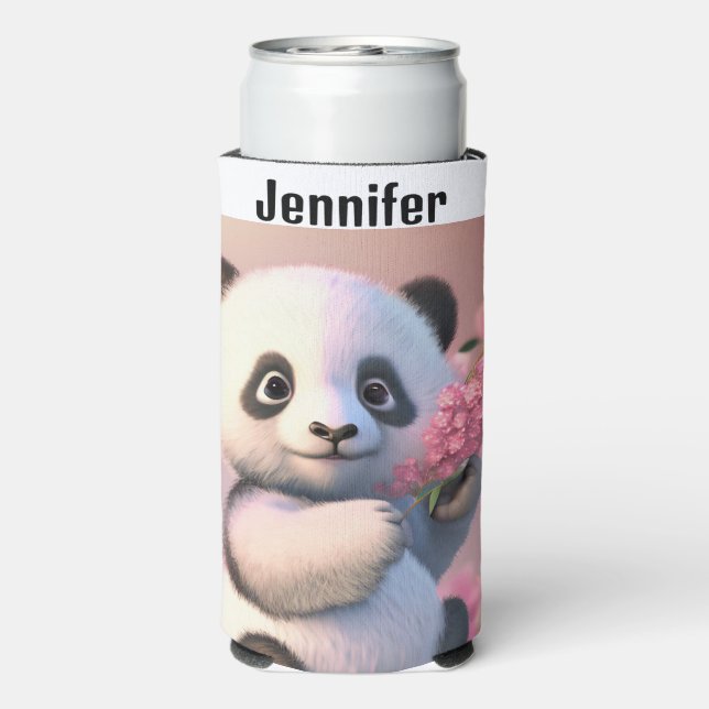 Panda Bear Cherry Blossom Personalize Name Tall  Seltzer Can Cooler (Seltzer Back)