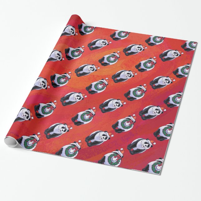 Panda Bear Christmas On Red Wrapping Paper (Unrolled)