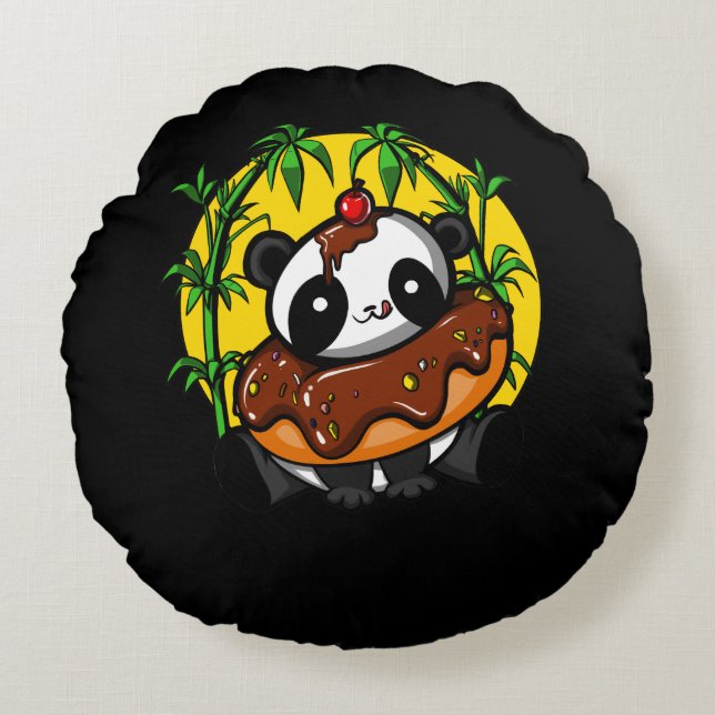 Panda Bear Doughnut Lover Animal Round Pillow (Front)