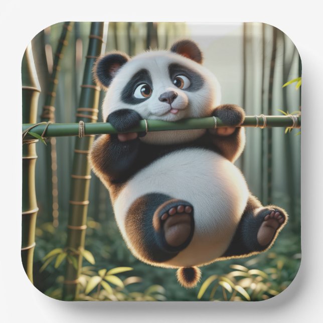Panda Bear Hanging From a Bamboo Branch Paper Plate (Front)