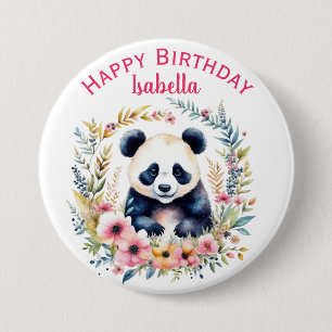 Panda Bear in Flowers Girl's Birthday Personalized 3 Inch Round Button