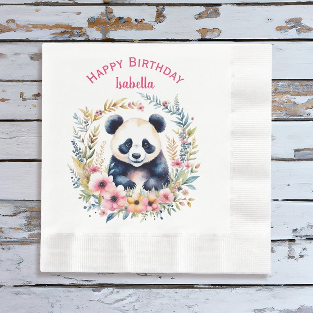 Panda Bear in Flowers Girl's Birthday Personalized Napkin (Creator Uploaded)