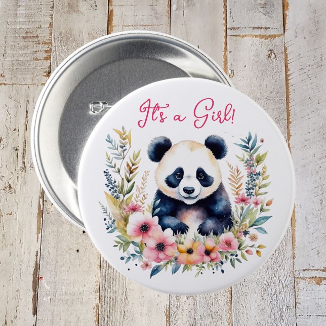 Panda Bear in Flowers Girl's It's a Girl 3 Inch Round Button (Creator Uploaded)