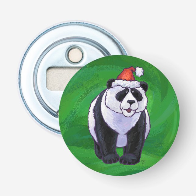 Panda Bear in Santa Hat on Green Bottle Opener (Front)