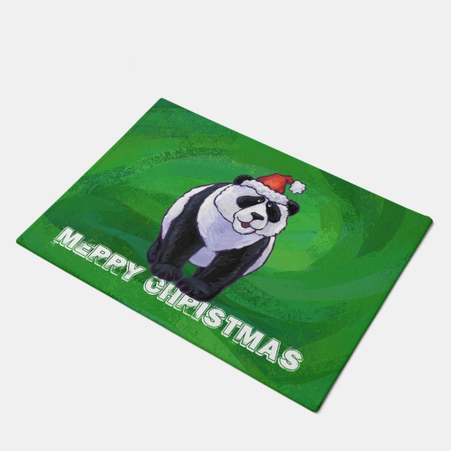 Panda Bear in Santa Hat on Green Doormat (Angled)