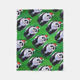 Panda Bear in Santa Hat on Green Fleece Blanket