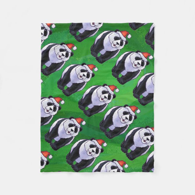 Panda Bear in Santa Hat on Green Fleece Blanket (Front)