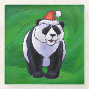 Panda Bear in Santa Hat on Green Glass Coaster