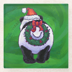 Panda Bear in Santa Hat on Green Glass Coaster