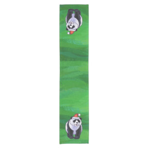 Panda Bear in Santa Hat on Green Short Table Runner