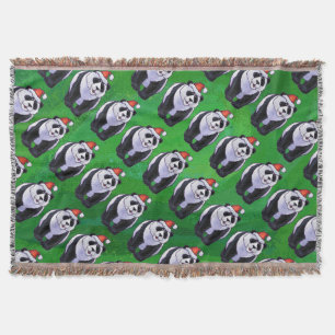 Panda Bear in Santa Hat on Green Throw Blanket