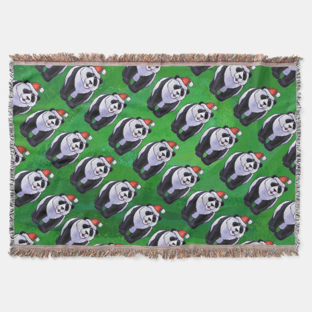 Panda Bear in Santa Hat on Green Throw Blanket (Front)